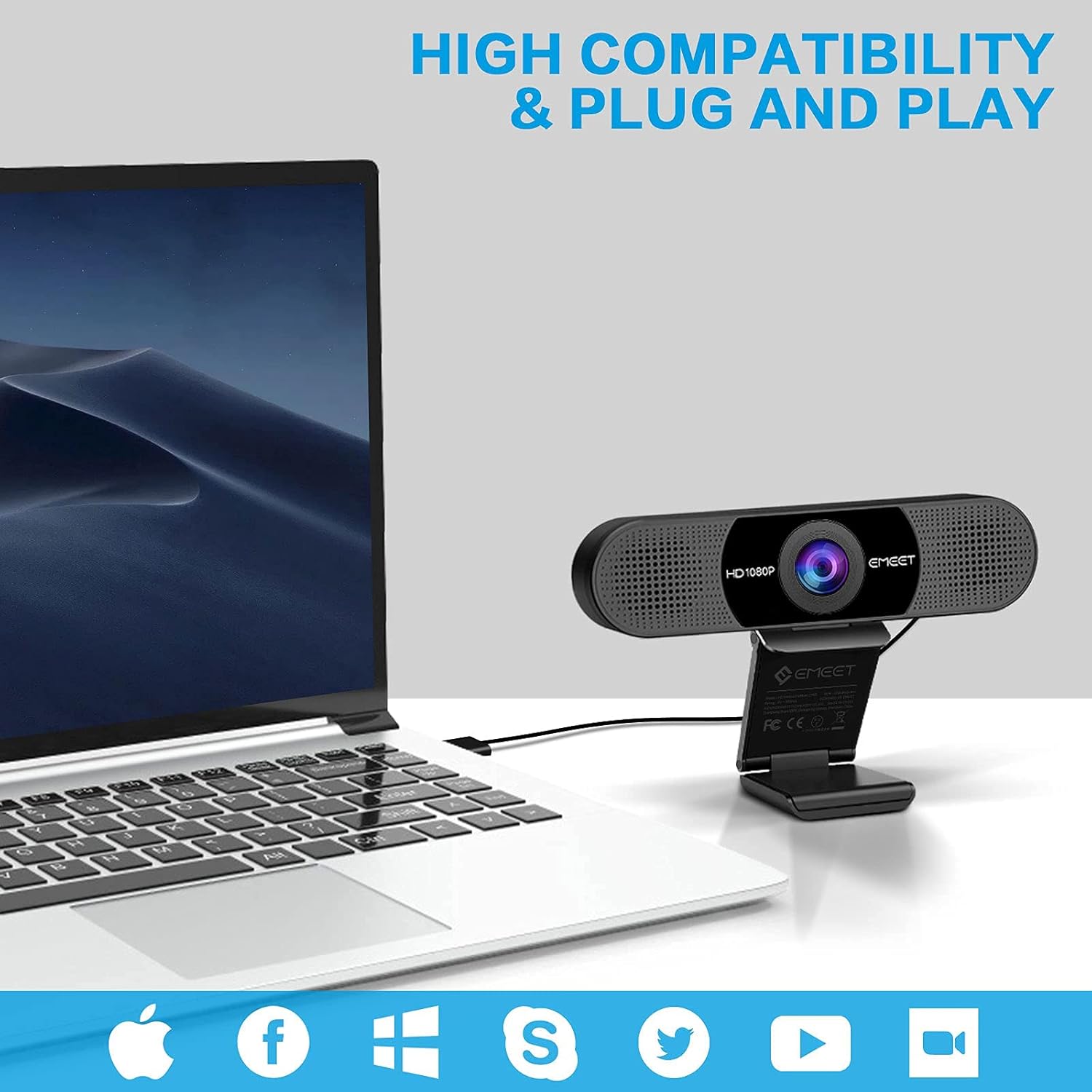 1080P Webcam with Microphone, eMeet C960 Web Camera, 2 Mics Streaming Webcam, 90°View Computer Camera, Plug & Play USB Webcam for Online Calling/Conference, Zoom/Skype/Facetime/YouTube, Laptop/Desktop : Camera & Photo