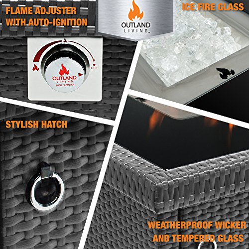Outland Living Series 401 Grey 44-Inch Outdoor Propane Gas Fire Pit Table, Black Tempered Tabletop w/Arctic Ice Glass Rocks and Resin Wicker Panels, Slate Grey/Rectangle - Thumbnail 4