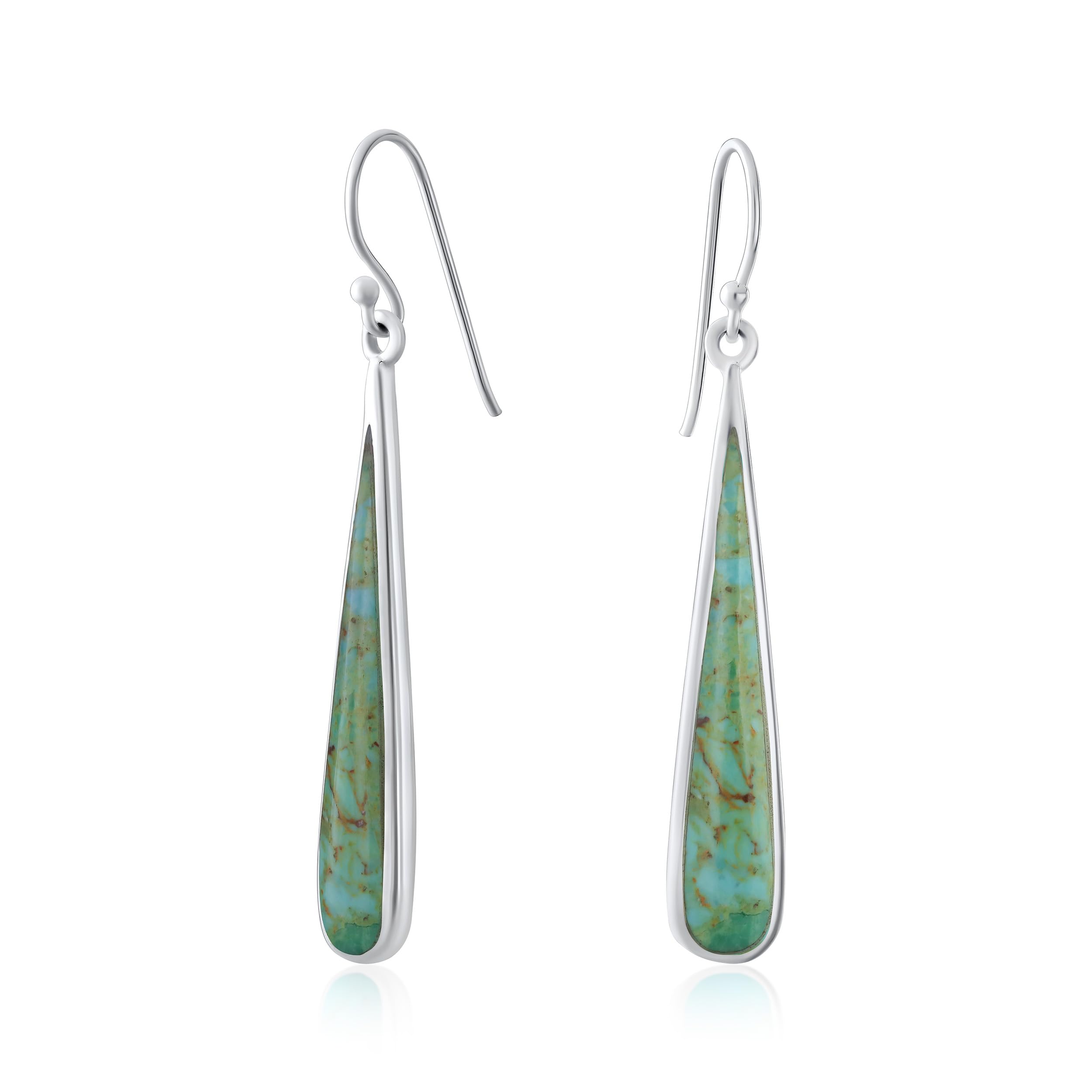 Boho Fashion Gemstone Blue Flat Turquoise Inlay Long Flat Teardrop Shaped Dangle Earrings Western Style For Women Teens .925 Sterling Silver Fish Hook Wire Threader — image 1