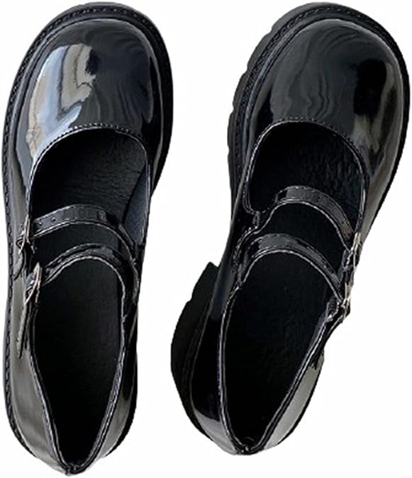 Mary Jane Shoes for Women Solid Color Patent Leather Shoes Elegant Round Toe Double Buckle Strap