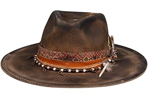 RUEDIGER Vintage Wide Brim Fedora Hats 100% Wool Stiff Felt Hat Panama Rancher Hat with Lightning Logo Handmade Distressed/Burned