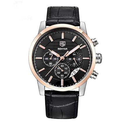 Bernsuisse BENYAR Japanese Quartz Genuine Leather Working Chronograph Waterproof Watches Business Sport Wrist Watch for Men Benyar 5104L - Black Gold