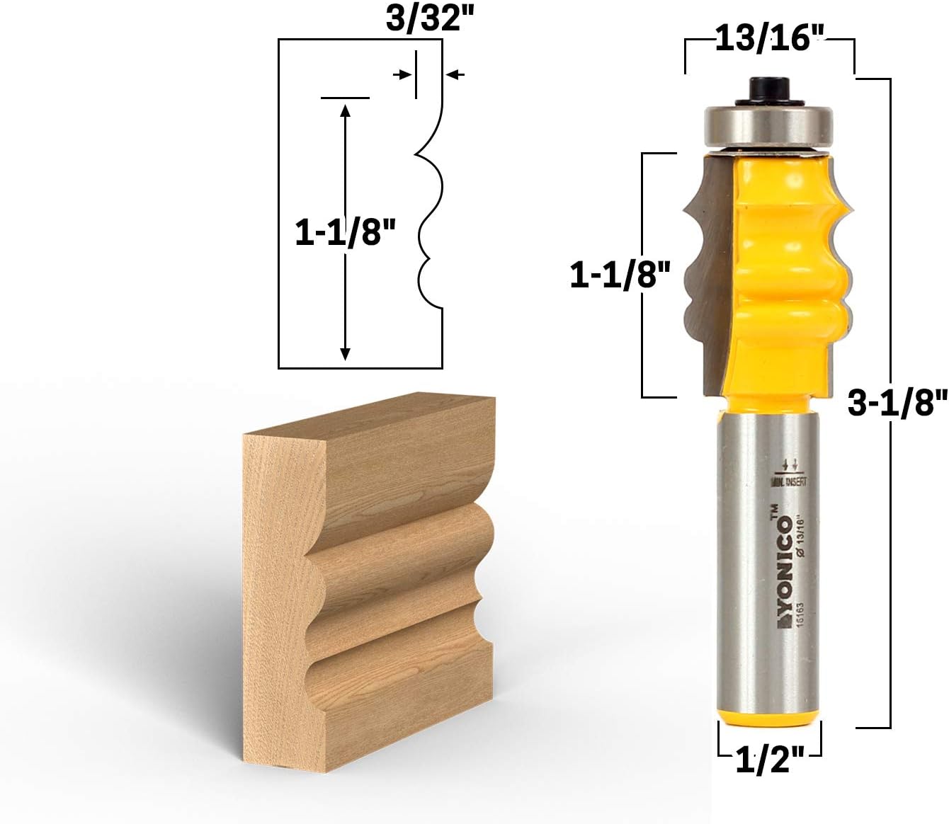 Yonico 16163 - Picture Frame Molding Router Bit, Cutting Height: 1-1/8", Cutting Depth: 5/32" - 1/2" Shank - Image 3