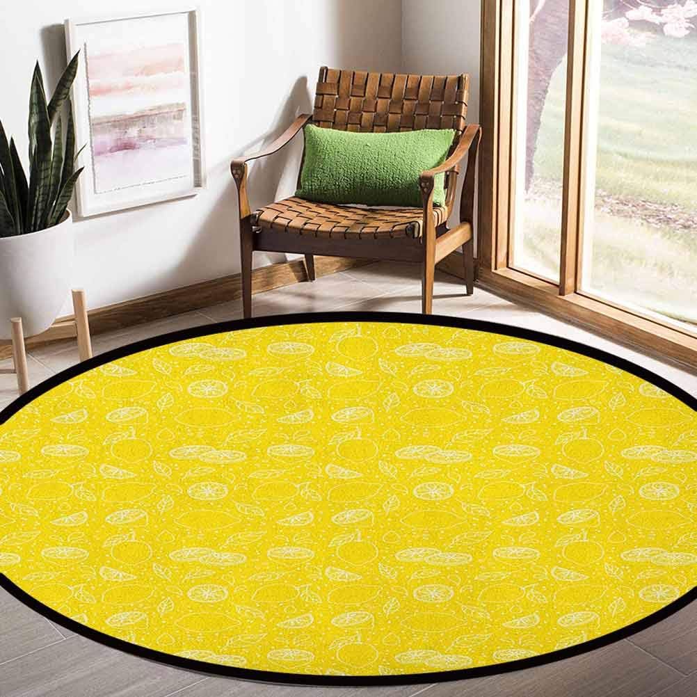 Yellow Round Kids Living Room Carpet Juicy Lemons Citrus Fresh Slices with Leaves and Dots Health Vitamins Food Pattern 5.5ft Children Education Learning Carpet