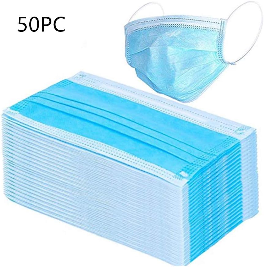3 Layer Thicker Dust Filter Masks, 50pc Earloop Disposable Face Masks, Breathable and Comfortable with Premium Elastic Ear Loop Protection from Dust, Pollen, Other Airborne Irritants (Blue)