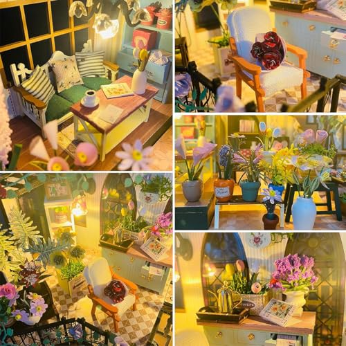 Kit DIY Casa Miniatura Jardim de Madeira Com Luz LED Modelo de Estufa Floral Brinquedo de Montagem Artesanal (Floral Casa Miniatura)