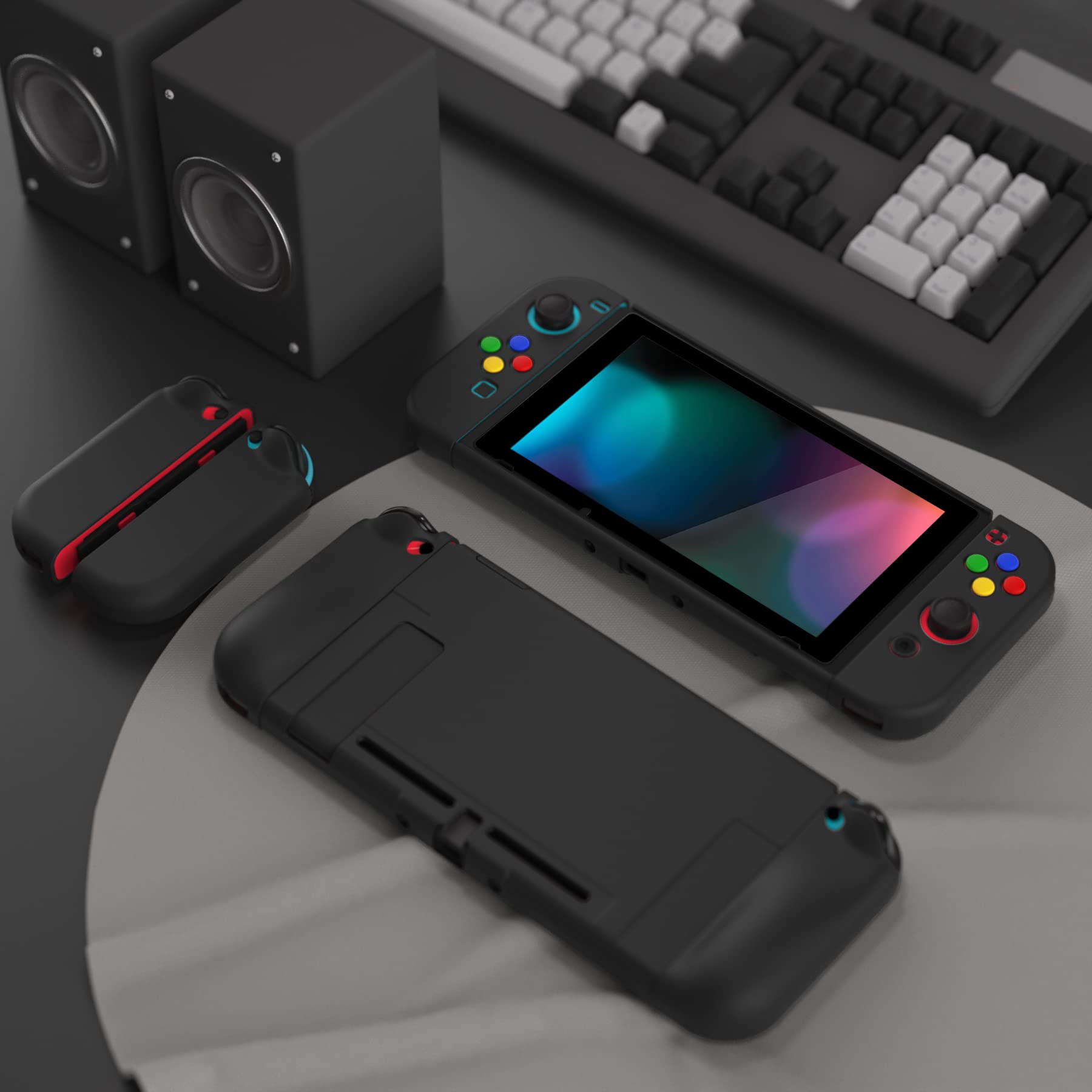 PlayVital AlterGrips Ergonomic Grips Cover for Nintendo Switch, [2 Design] Interchangeable Comfort Dockable Protective Case with Screen Protector & Thumb Grip Buttons Caps - Black
