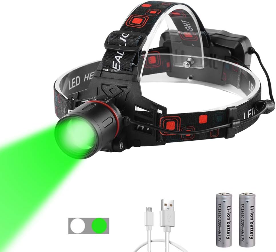 WESLITE Green Light Head Torch for Night Vision Ultra Bright Green Headlamp USB Rechargeable LED Hunting Headlight Zoomable Green Head Light for Hunting Fishing Camping (White & Green Light)