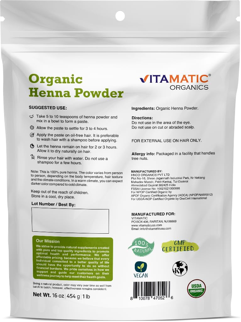 Vitamatic Certified USDA Organic Henna Powder – 1 lb (16 oz) Natural Hair Color | Chemical-Free