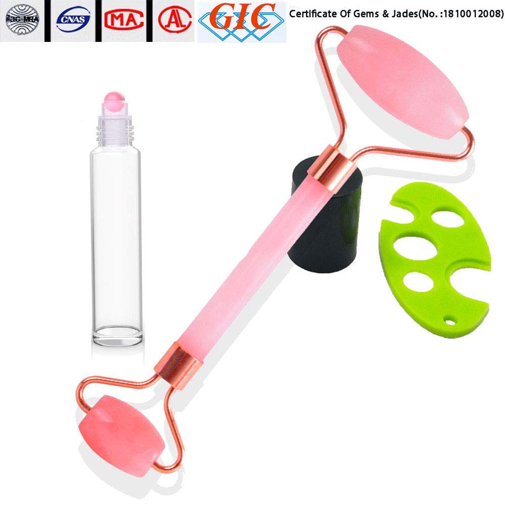 Jade Roller Rose Quartz Roller For Face Anti Aging | Natural Real Rose Quartz Facial Jade Roller | Special Gift Offer Of (1 Real Pink Jade Roller Bottle For Essential Oil+ 1 Bottle Opener) (Rose Gold)