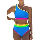 popvil Women's One Shoulder Swimsuit : Neon 2 Piece High Waisted Bikini Sets Cute 2026 Color Block Bathing Suit