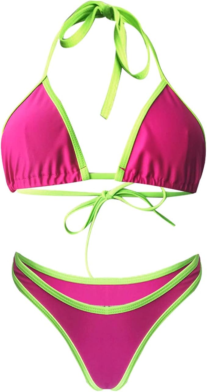 Amazon Alvivi 三角ビキニホルターネックサイド結びマイクロビキニ 三角ビキニ セパレート ミニブラ ビキニ Tショーツ ブラジリアン ビキニ水着 2点セット 上下セット ローズ M ビキニ セパレーツ 通販