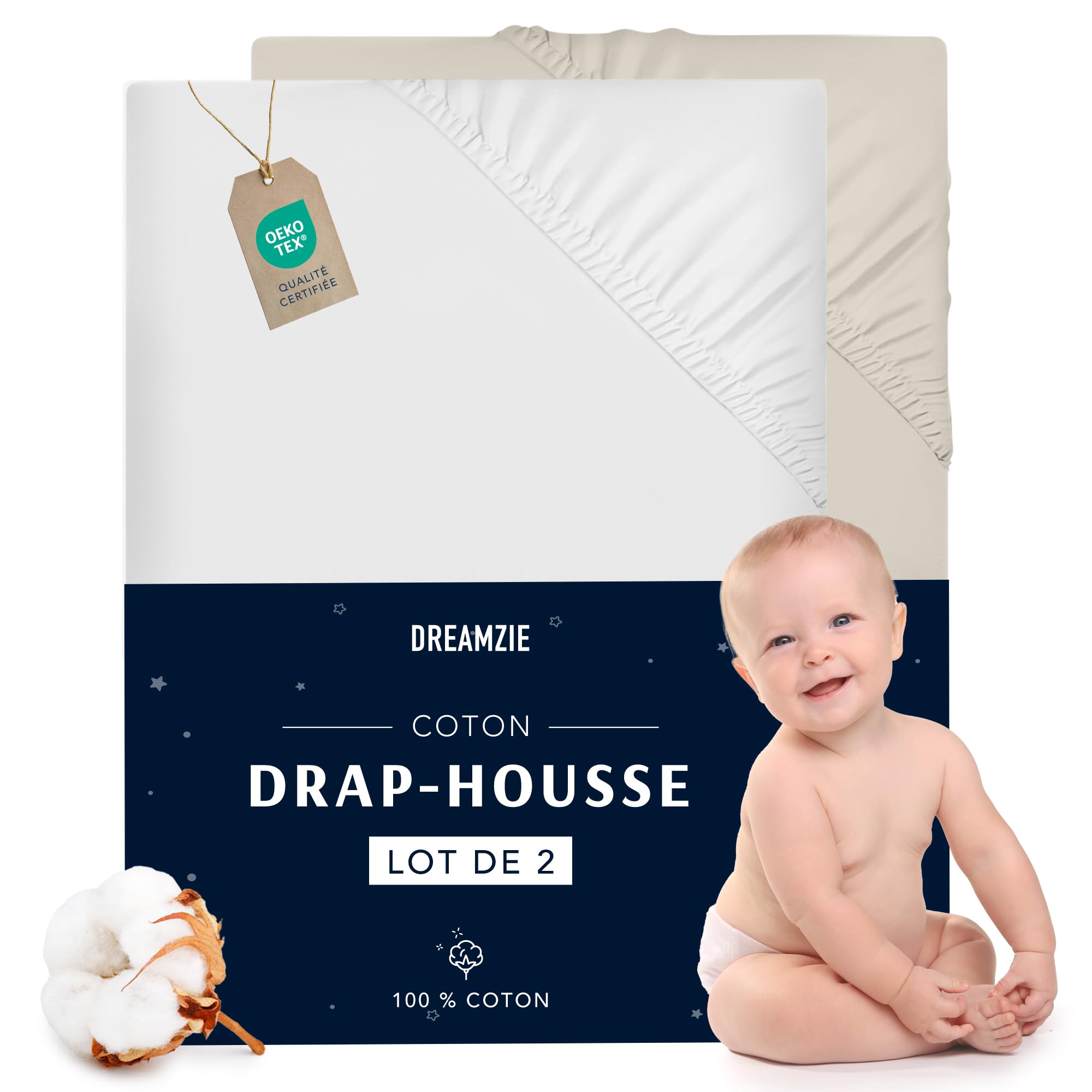 Dreamzie Set of 2 Jersey Cotton Fitted Sheets - For Mattress Set of 2 (70 x 140 x 12 cm), for Baby Bed, Certified Free from Chemical Products (OEKO TEX), White and Beige, Fitted Sheets with Elastic