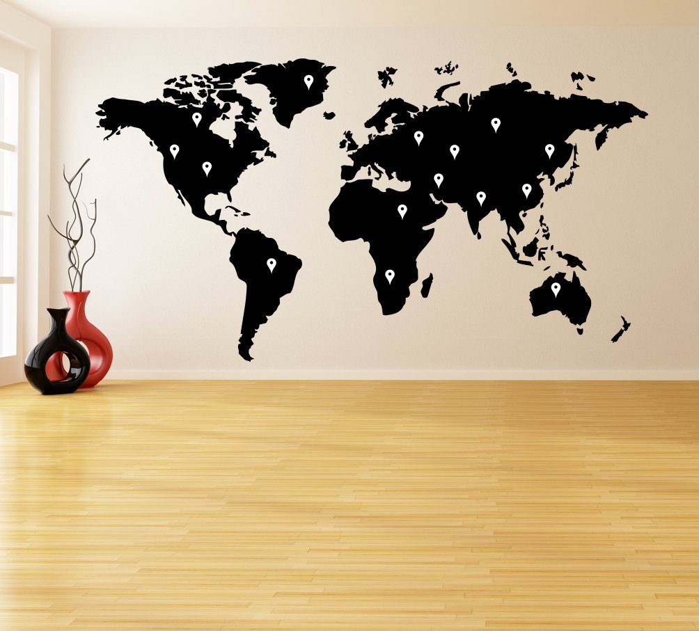 ( 94'' x 52'') Vinyl Wall Decal World Map with Google Dots / Earth Atlas Shiluette Art Decor Sticker