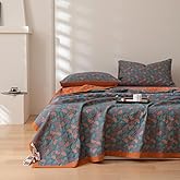 Purefair 100% Cotton Muslin Blanket Jacquard Floral Ginkgo Leaves Print Quilt, Soft Bed Cover 3 Layers Reversible Bedspread Coverlet Breathable Lightweight Bedding King(98"x94"), No Pillow Sham