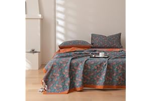 Purefair 100% Cotton Muslin Blanket Jacquard Floral Ginkgo Leaves Print Quilt, Soft Bed Cover 3 Layers Reversible Bedspread Coverlet Breathable Lightweight Bedding King(98"x94"), No Pillow Sham