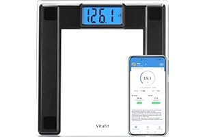 Vitafit 550lb Digital Bathroom Scale for Body Weight and BMI Via Smart APP, High Accuracy Assured by Weighing Professional Since 2001, 8mm Tempered Glass, Extra Large Blue Backlit LCD, Black