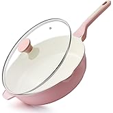SENSARTE Nonstick Skillet with Lid 12-inch, 5QT Ceramic Deep Frying Pan, Non Toxic Saute Pan with Lid, Healthy Dishwasher Safe Cooking Pot, Induction Pan with Stay-cool Handle, Pink
