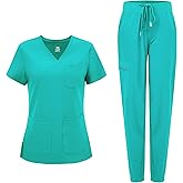 COZYFIT Medical Scrubs for Women Set - Curved V-Neck Scrub Top & Jogger Pants with 8 Pockets