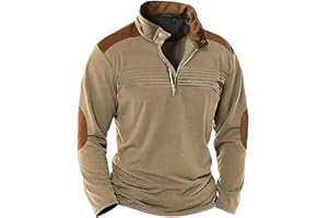 Hugncmy Casual Long Sleeve Shirts for Men Button up Pullover Mock Neck Long Sleeve Sweatshirts with Elbow Patches