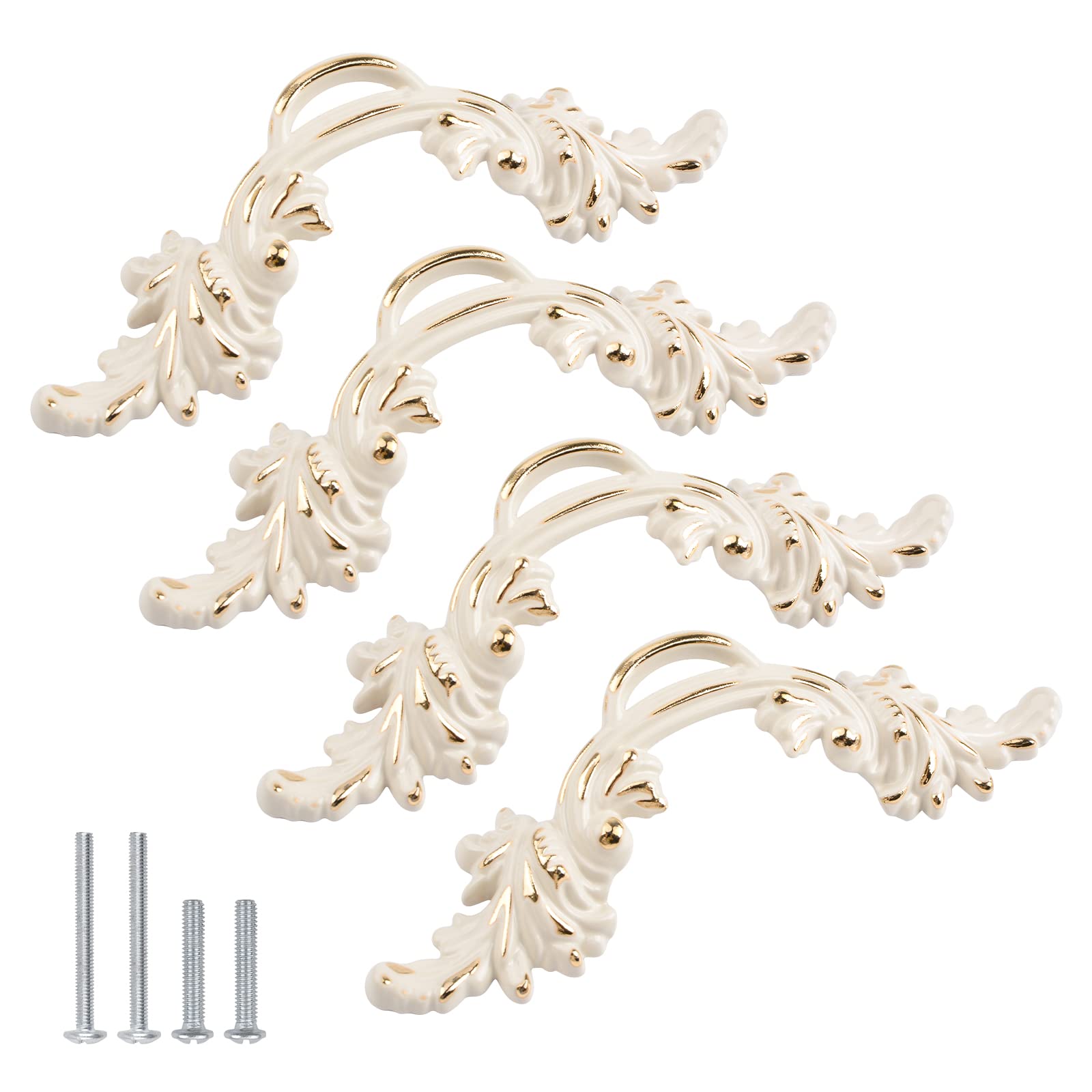 MOROBOR 4pcs European Style Dresser Handles, Cream Ivory White & Gold Edge Vintage Cabinet Handles, 2.5 Inch Mounting Hole Distance, for Elegant Furniture Pulling