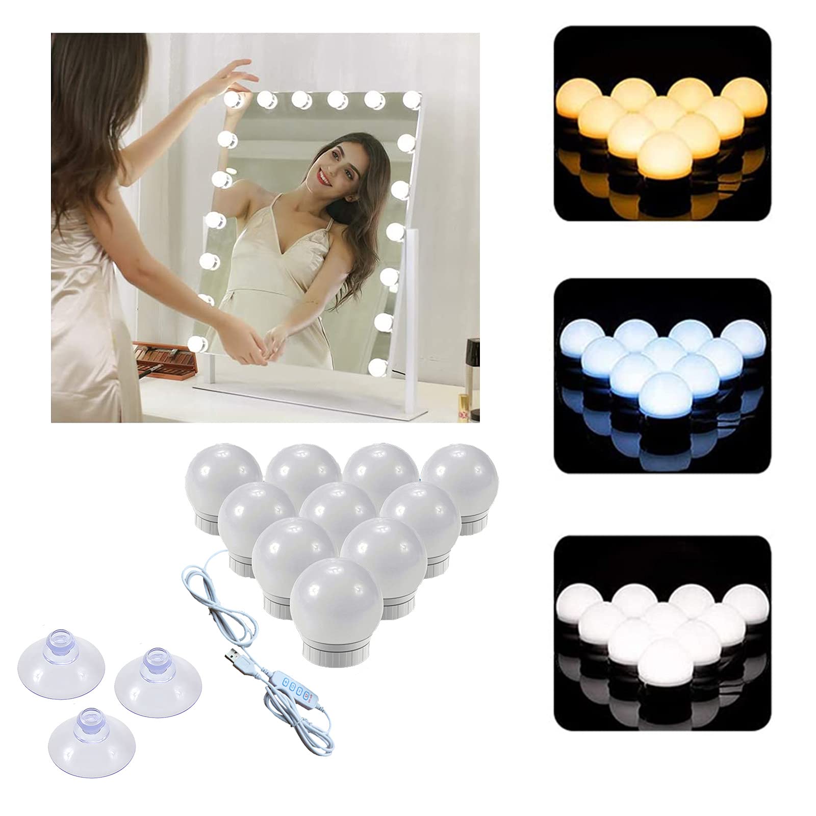 USB Cable Vanity Mirror Lights Kit, LED Makeup Light with Switch and 10 Dimmable Bulbs 3 Color Modes &10 Brightness Level Makeup Mirror Light for Vanity Dressing Table 5.4 Meters (No Mirror) (Sucker)