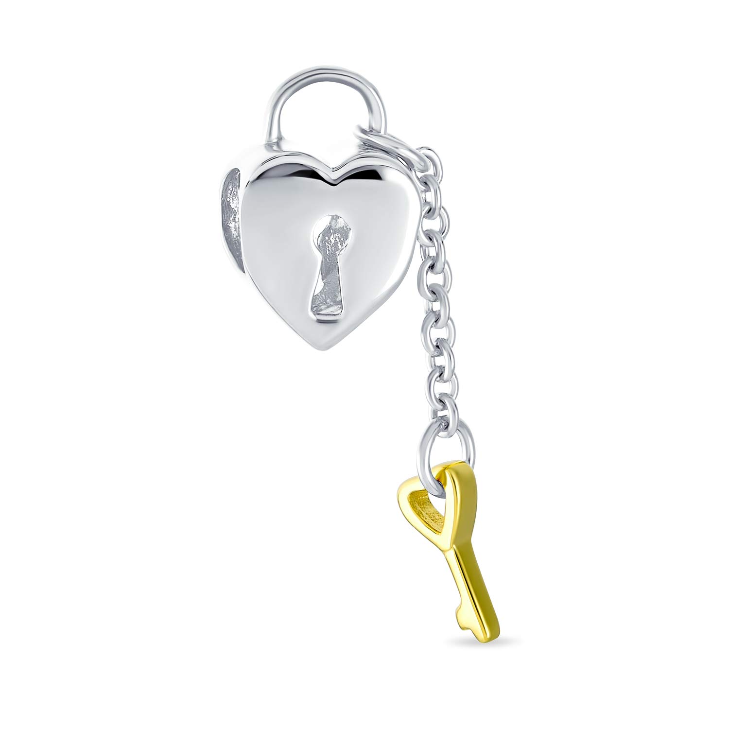Bling Jewelry Two Tone Heart Shape Lovers Lock & Key Charm Bead For Women Girlfriend Gold Plated .925 Sterling Silver Fits European Bracelet