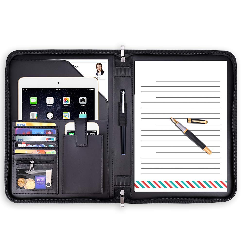 Fireproof Padfolio Portfolio Business File Folder with Zippered Pockets Fire and Water Resistant Executive Writing Pad,Personal Document Organizer Folder,Planners, Briefcase for Travel