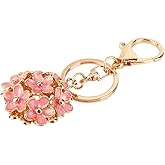 Flowers Ball Keychain, Gold Tone Cute Bag Charm Keychain, Sweet Love Heart Rose Crystal Key Chain for Women Girls Gifts
