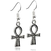 Textured Ankh Key of Life Charm Earrings, Handmade Antique Silver Egyptian Eternal Life Dangle Jewelry