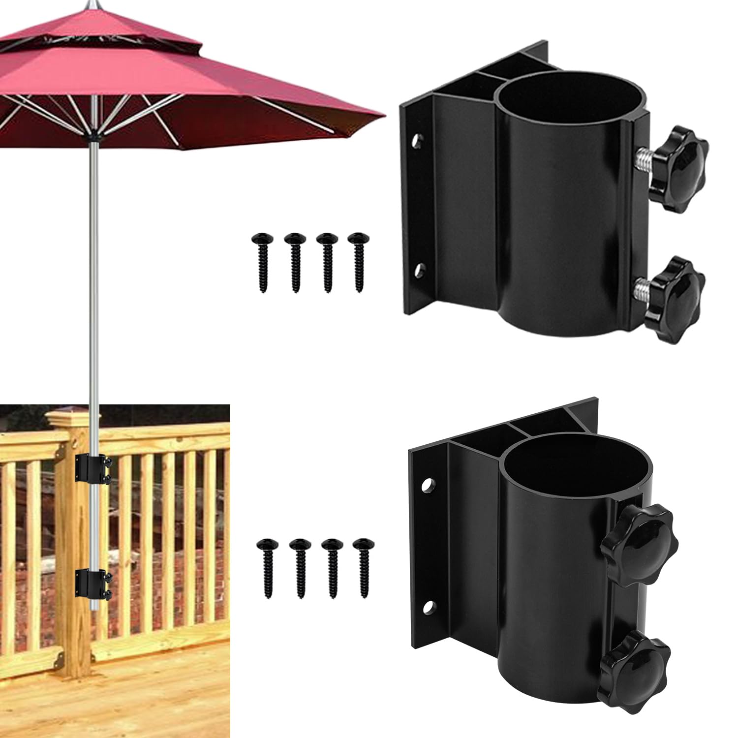 VANROUG 2Pcs Patio Umbrella Holder, Aluminum Outdoor Umbrella Base Umbrella Clamp Mount Bracket for Deck Railing, Mount to Deck, Balcony or Outdoor Courtyard (Fits 1.3-2" Umbrella Pole Diameter)