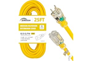 HONDERSON 25FT Lighted Outdoor Extension Cord - 10/3 SJTW Heavy Duty Yellow Extension Cable with 3 Prong Grounded Plug for Safety,UL Listed