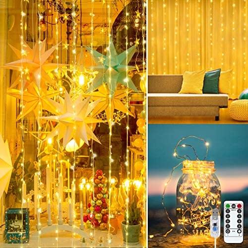 LightsEtc Curtain Light 300 LED Window Curtain String Lights with Remote Timer USB Powered Bedroom Curtain Lights for Party Wedding Home Garden Outdoor Indoor Wall Decoration, Warm White, 9.8 x 9.8 ft