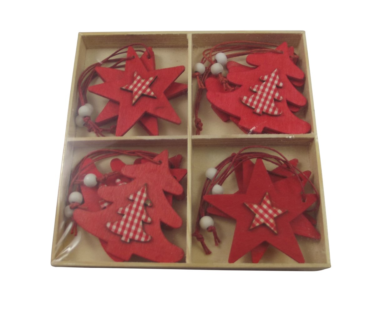 Christmas Tree Decorations - Red Wooden Star & Tree Gingham Hangers - Set of 12 Hanging Decorations (ZF317)
