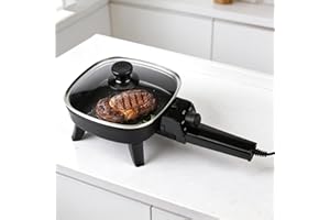 I-Keukenn 7" Electric Skillet with Lid, Non-Stick Ceramic Electric Frying Pan, 600W Single-Serve Grill with Adjustable Temper