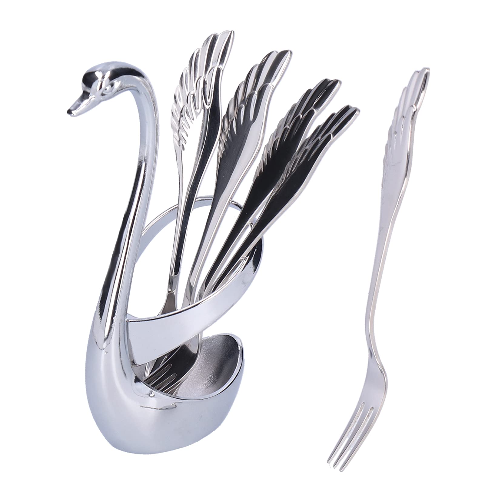 Dessert Spoon Set, 5Pcs Coffee Spoon Fork Stand Kit Gold Swan Base Holder Fruit Salad Ice Cream Spoon Teaspoons Set Dinnerware Ornaments for Home Kitchen Cafe Silver (Fork)