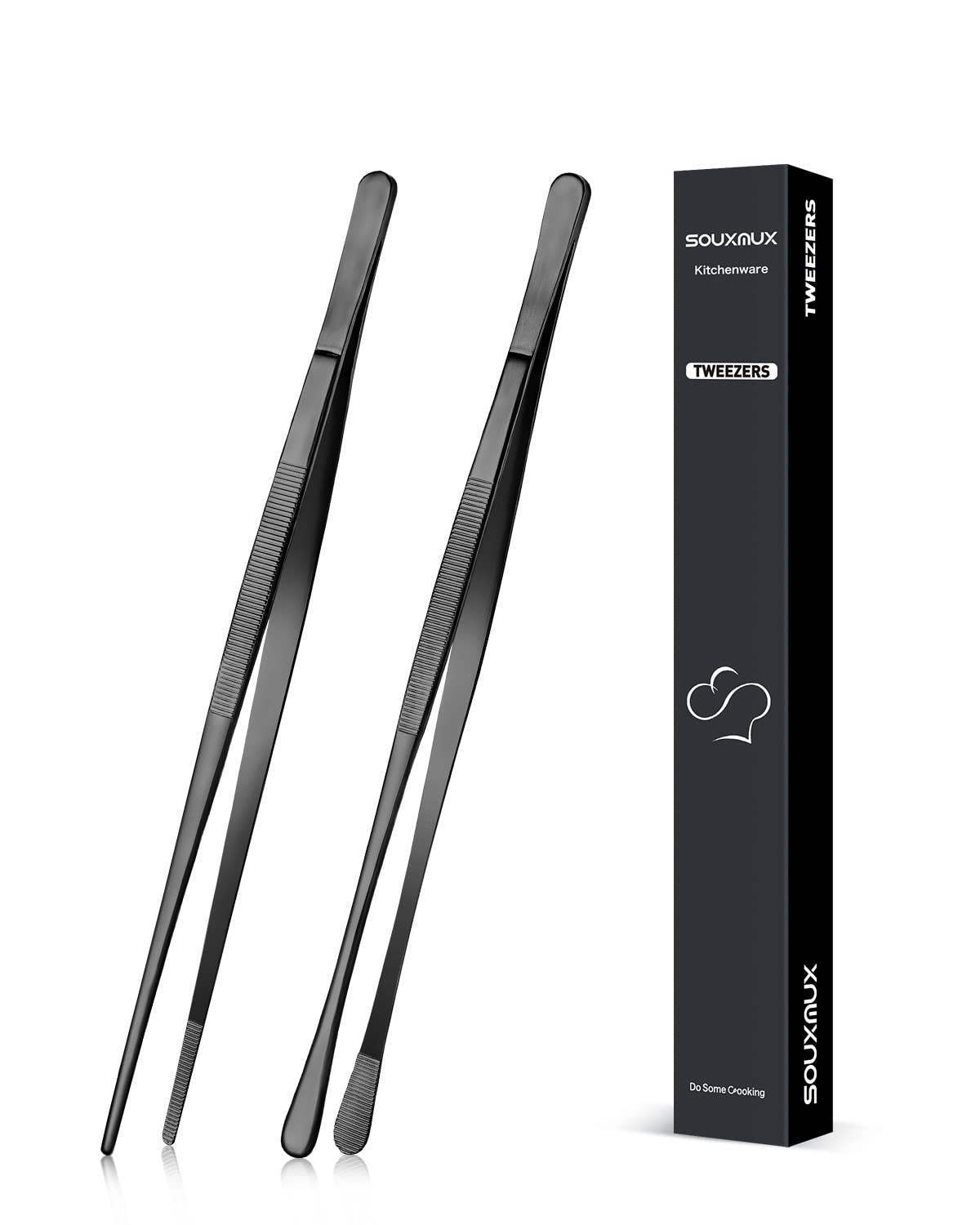 SouxMux 2 Pcs 25.5cm Cooking Tweezers Tongs Precision Serrated Tips, Stainless Steel Professional Chef Tweezer Kitchen Tools for BBQ, Plating and Serving (Black) (001)