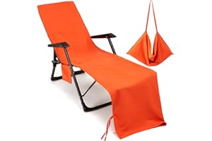 VOCOOL Chaise Lounge Chair Towel Cover with Side Pockets Thick and Quick Dry Beach Chair Cover Pool Chair Towel Lounge Chair Cover for Swimming Pool Sun Lounger Hotel Sunbathing Vacation, Orange