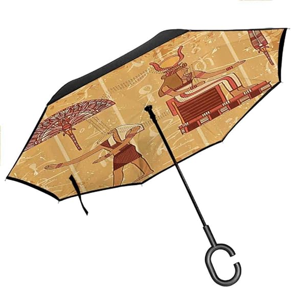 Rain Windproof Umbrella Egyptian, Ancient Hieroglyph with Historical Featured Symbols Vintage