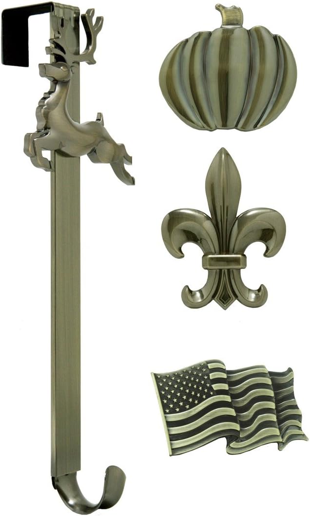 Wreath Hangers - Haute Decor Adapt Adjustable Length Wreath Hanger with Interchangeable Icons (Antique Brass-Flag/Reindeer/Pumpkin/Fleur de lis)- 4 Wreath Hangers in 1