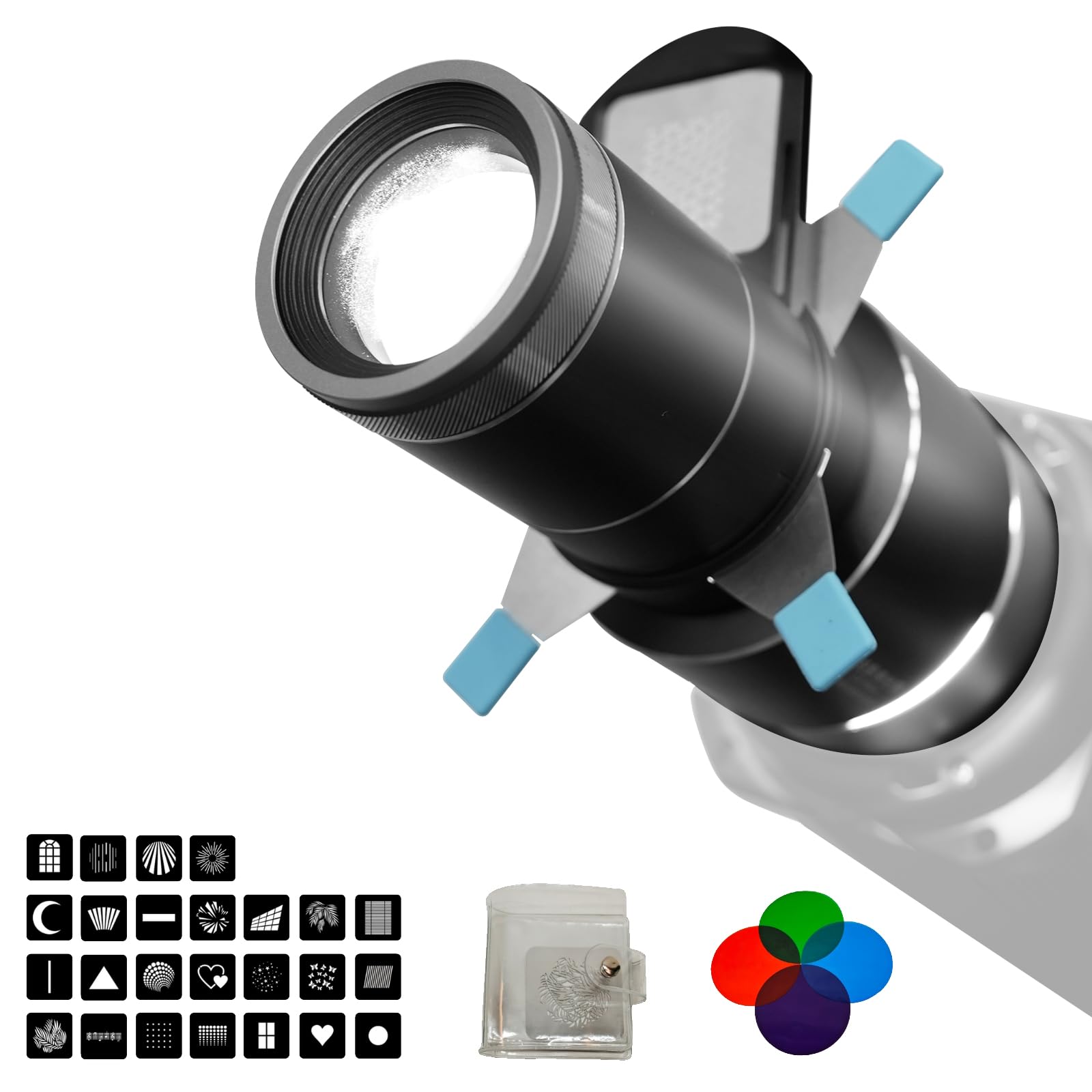 DFCINE Bowens Mount Snoot, Optical Snoot Kit for Monolight Portraits/Flash Speedlite/LED Light, Compatible with Aputure Amaran 60D/XS/100X/D 200D/X, Storm 400x, Godox SL60, 4 Color Filters, 25 Gobos.