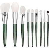Natural Real Goat Hair Makeup Brushes Set Labeled 9 Piece Face and Eye Brush Set Ultra soft hair Foundation, Concealer, Blush, Contour, Blending, Eyeshadow Kabuki travel makeup brush set (green)