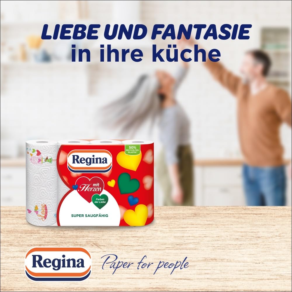 Regina mit Herzen Haushaltstücher - 32 Rollen-Packung (8 x 4 Einzelpackungen), 43 Blatt 3-Lagig, Super Saugfähig, Dick, Beständig, FSC Papier 3