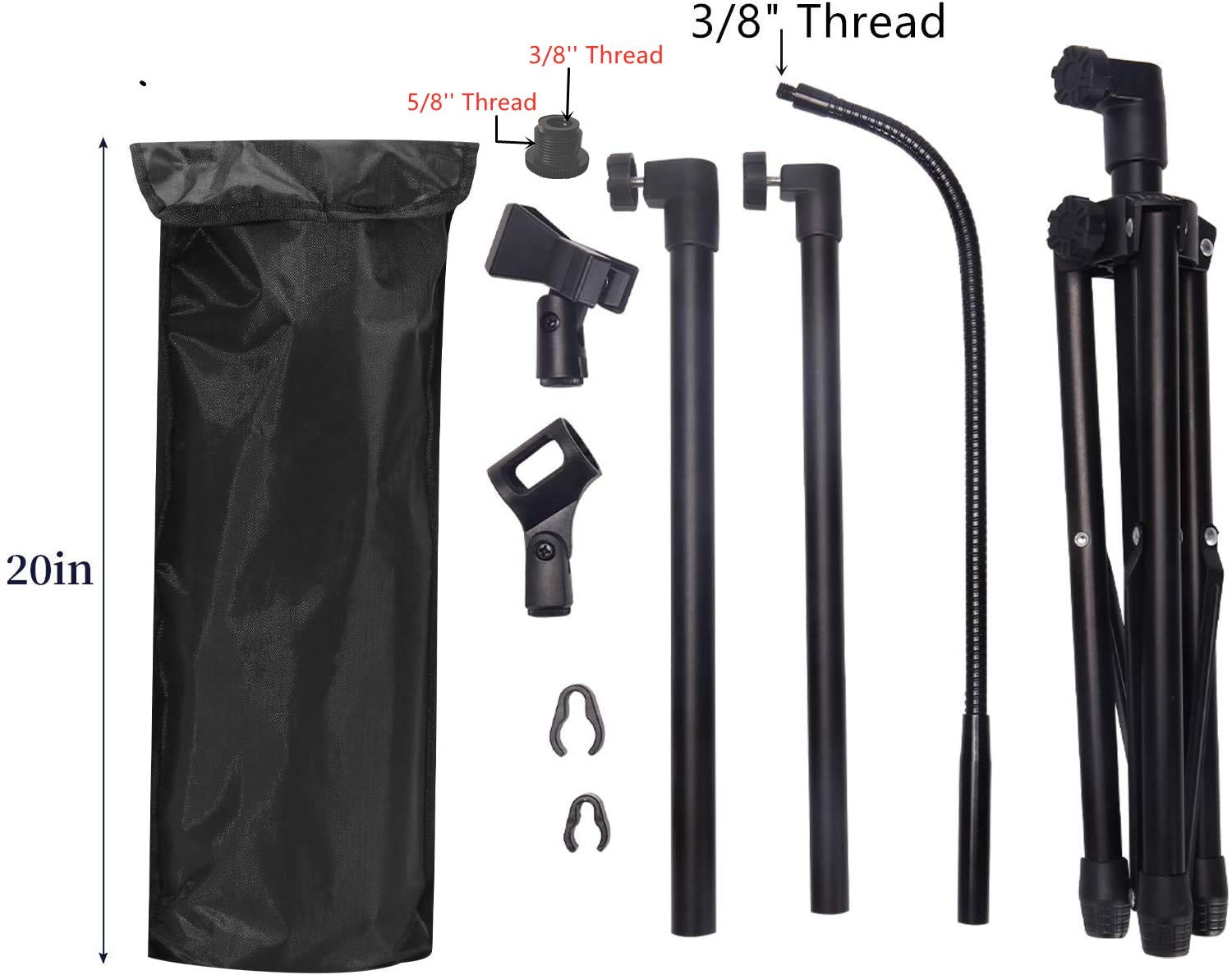 Microphone Stand Boom Mic Stand-Kangziliang Mike Stand Gooseneck Microphone Stand Tripod Adjustable Height 3'- 6' with Mic Clips and 3/8