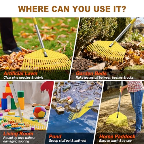 Garden Leaf Rake for Leaves - 42cm Wide Nylon Plastic Head,165cm Adjustable Lightweight Handle for Women Seniors Kids,23 Flexible Lawn-Friendly Tines for Grass,Pine Needle,Mulch,Small Debris