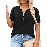 VISLILY Womens-Plus-Size-Summer-Tops Dressy Ruffle V Neck T Shirts Trendy Puff Short Sleeve Tunics Casual Buttons Up Blouses