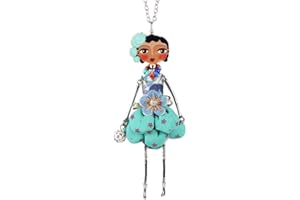 BONSNY Paris Doll Necklace Dress Handmade Pendant Designer Alloy Metal Crystal Flower Long Chain Fashion Jewelry (Blue)