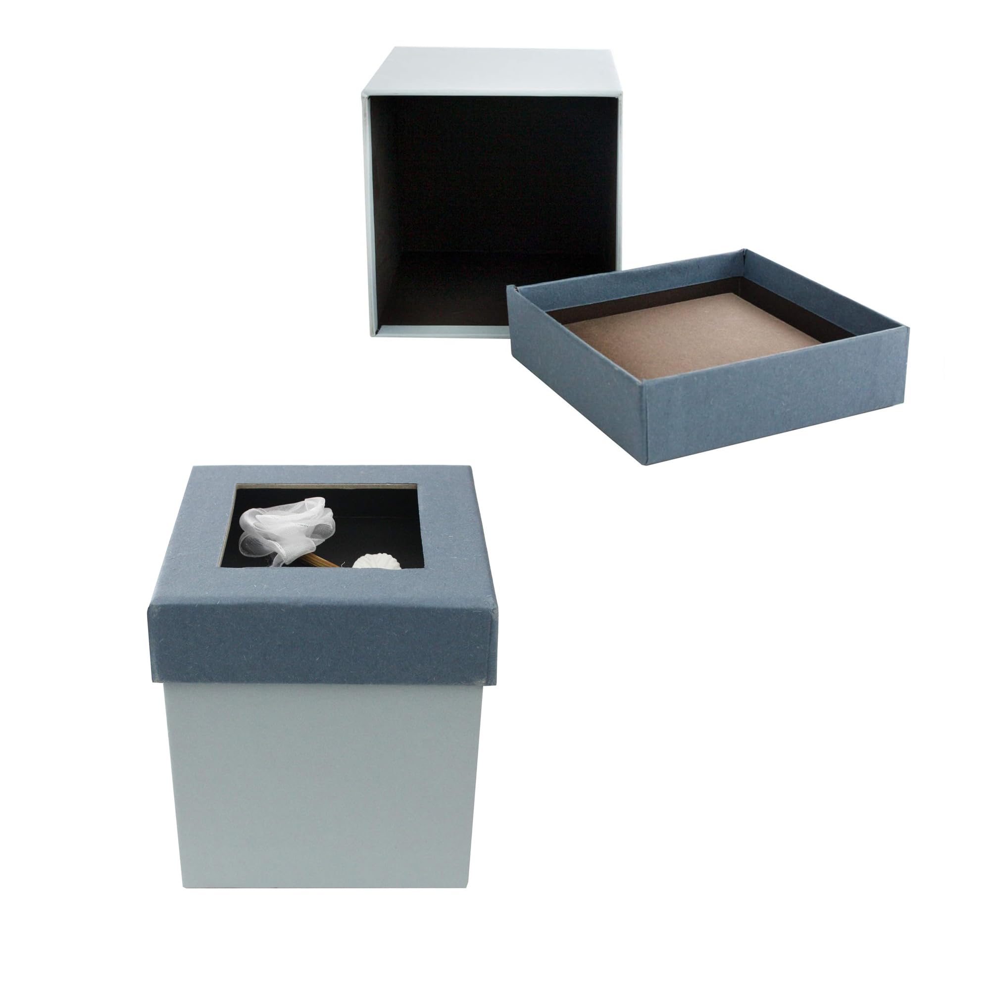 Emartbuy Rigid Luxury Square Shaped Presentation Gift Box, 11.5 x 11.5 x 9.5 cm, Grey Box with Blue Lid, Chocolate Brown Interior and With Rose Flower Decoration