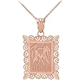 Fine 14k Rose Gold Filigree-Style Rectangular Frame Gemini Zodiac Sign Pendant Necklace