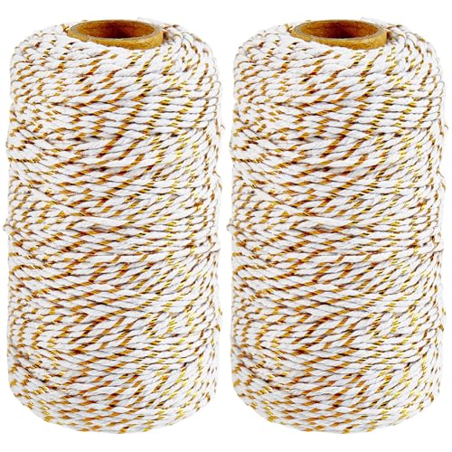 CABODYALS 2 Rolls 200M 2MM White and Gold Cotton Twine String Glitter Christmas Twist Cord Metallic Bakers Packing Macrame Round Braid Thread for Diy Craft Wedding Party Decor Gift Wrapping Gardening